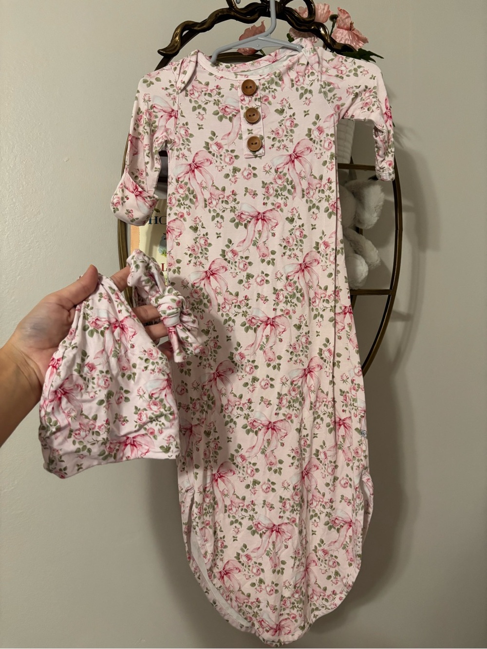 Floral Pink Newborn Gown with Matching Hat & Bow - Kids Dresses